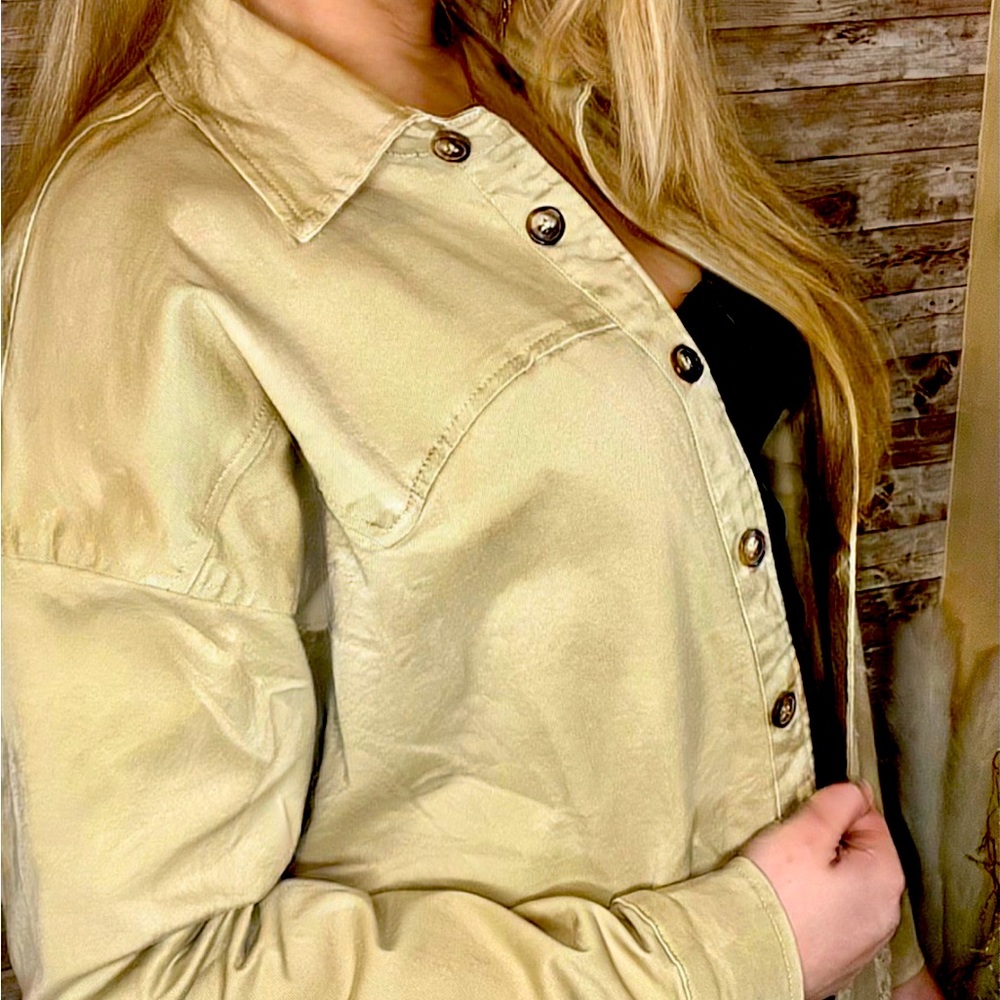 Taupe button down distressed shacket